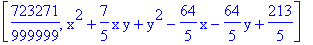 [723271/999999, x^2+7/5*x*y+y^2-64/5*x-64/5*y+213/5]